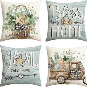 **AVOIN** Bless Our Home Eucalyptus Leaves Starfish Throw Pillow Covers, 20 X 20